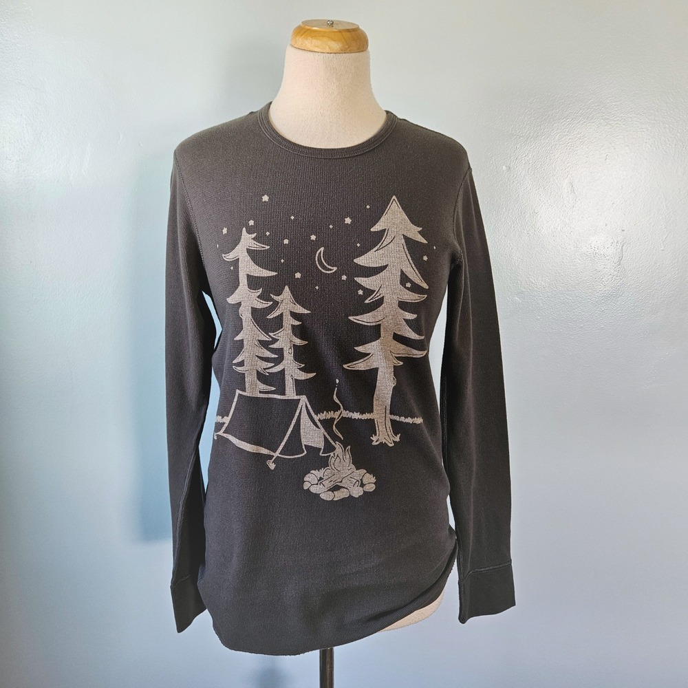Marushka Hand Printed Camping Tent Forest Thermal Waffle Knit Top Grey Medium
